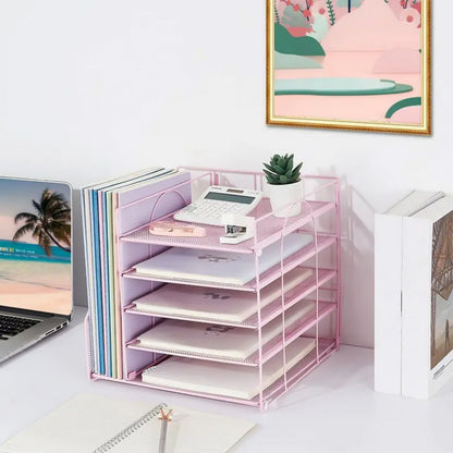 Metal File Organizer Rack Desktop Storage Shelf for Office Home Pink