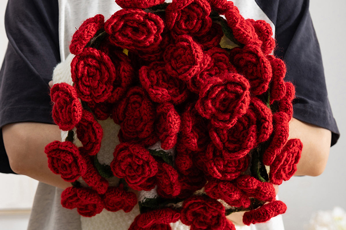 Handmade Knitted Flowers Rose Bouquet Blanket Knitted Throw Blanket -Red Camellia