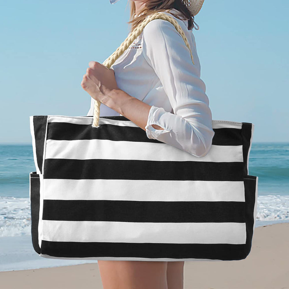 Large Striped Zipper Beach Tote Bag for Travel & Outdoor Vacations Black