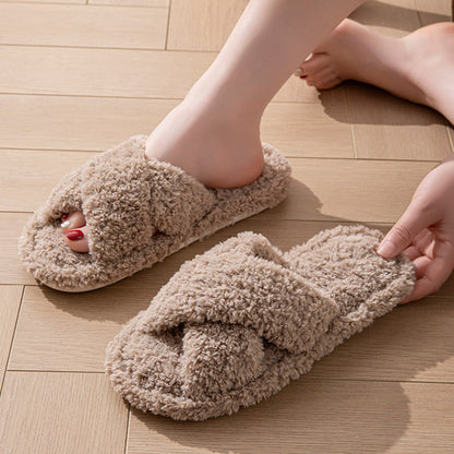 Women Fuzzy Cross Band Slippers Plush Indoor House Shoes Non Slip-Coffee