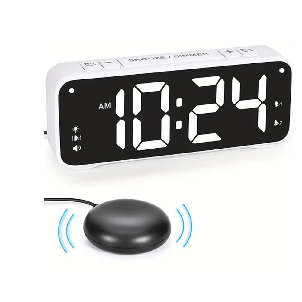 Digital Alarm Clock with Vibration Bed Shaker for Heavy Sleepers White
