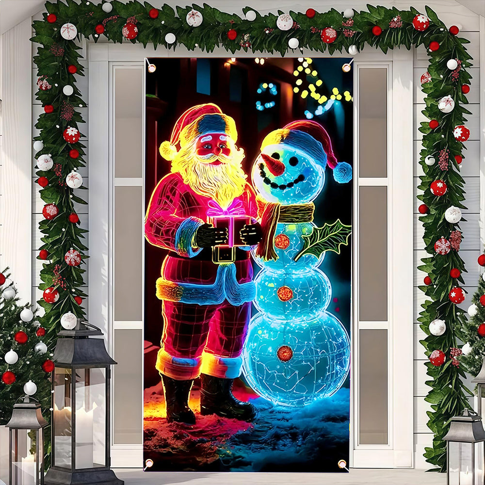 90x180cm 2D UV Reactive Christmas Glow Door Curtain - Santa Claus and Snowman