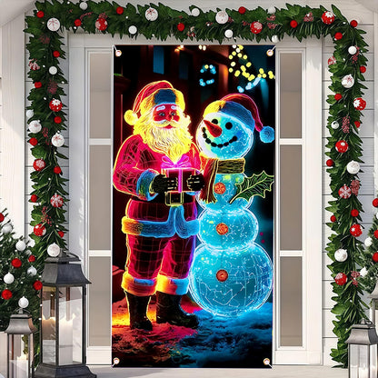 90x180cm 2D UV Reactive Christmas Glow Door Curtain - Santa Claus and Snowman