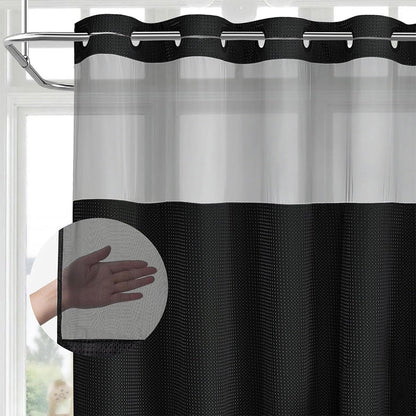 No Hook Shower Curtain with Snap in Fabric Liner Set Waffle Textured Shower Curtain for Bathroom Black