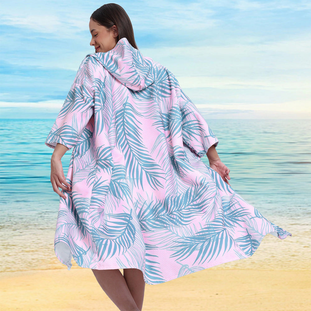 Unisex Hooded Towel Poncho Swim Parka for Adults - Pink Leaf