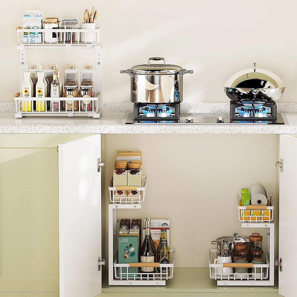 Under Sink Organizer 2 Tier Pull Out Cabinet Storage Slide Out Shelf Metal Sliding Drawer-White