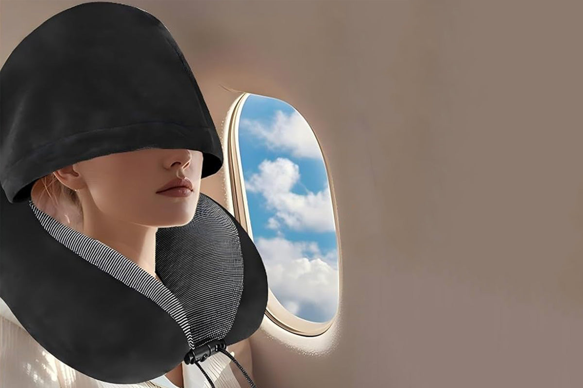 Hooded Travel Pillow with 3D Eye Masks Memory Foam Neck Pillow for Airplane Sleeping-Black
