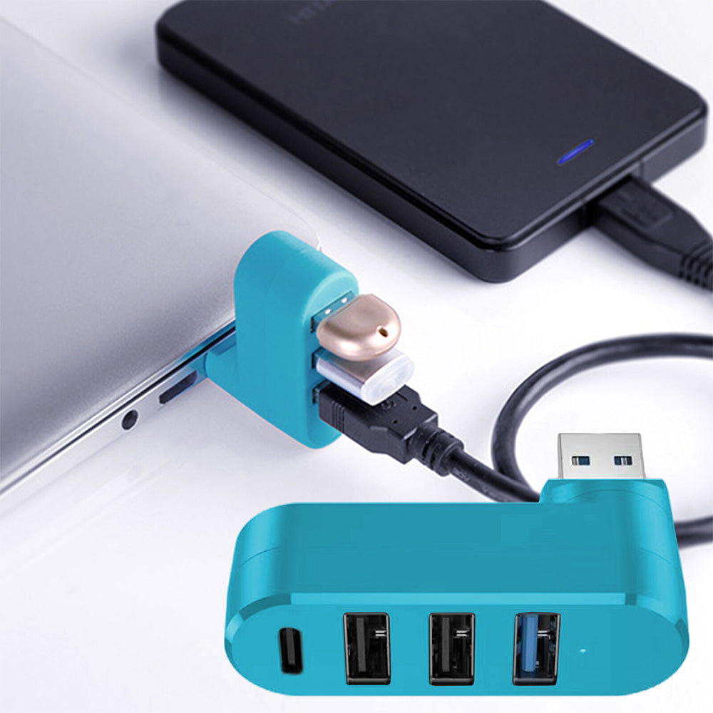 4-Port USB 3.0 Hub 180-Degree Rotating USB Splitter for Laptop Car Blue