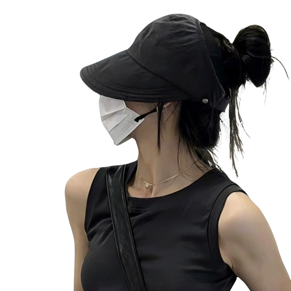 Wide Brim Quick Dry Foldable Sun Hat with Ponytail Opening - Black