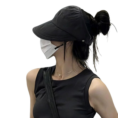 Wide Brim Quick Dry Foldable Sun Hat with Ponytail Opening - Black