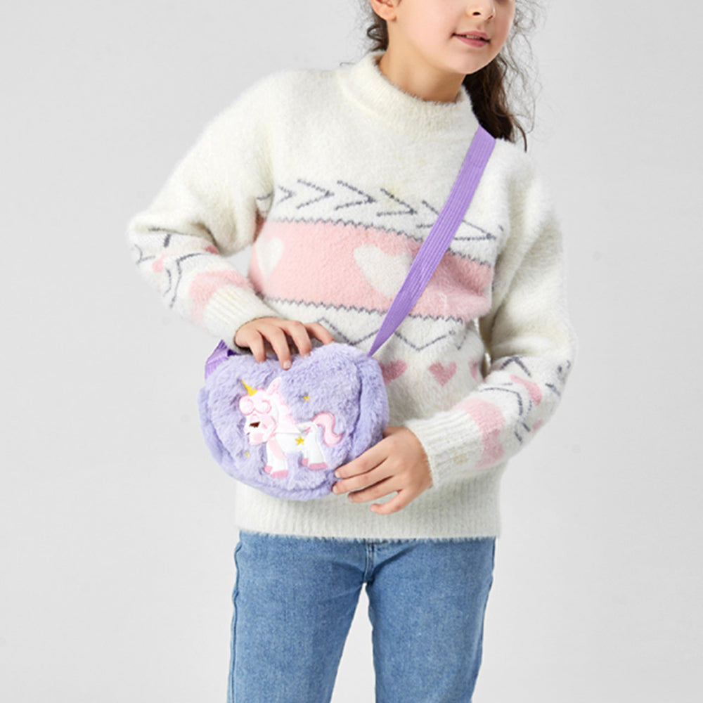 Cute Plush Unicorn Crossbody Bag Heart Shape Zipper Shoulder Bag for Girls Purple