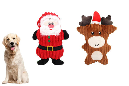 2Pcs Christmas Squeaky Plush Soft Dog Toys Interactive Durable Dog Chew Toys-Santa Claus And Christmas Elk