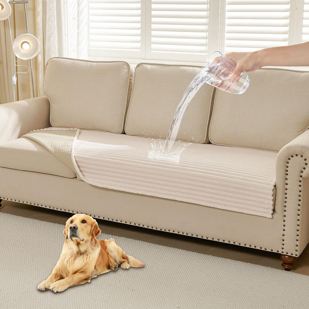 Waterproof Couch Cover for Dogs Washable Faux Fur Pet Couch Covers for Sofa-Beige