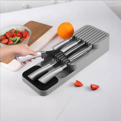 Storage Rack Knife Block Organizer Kitchen Knives Holder Countertop or Drawer Use-Grey