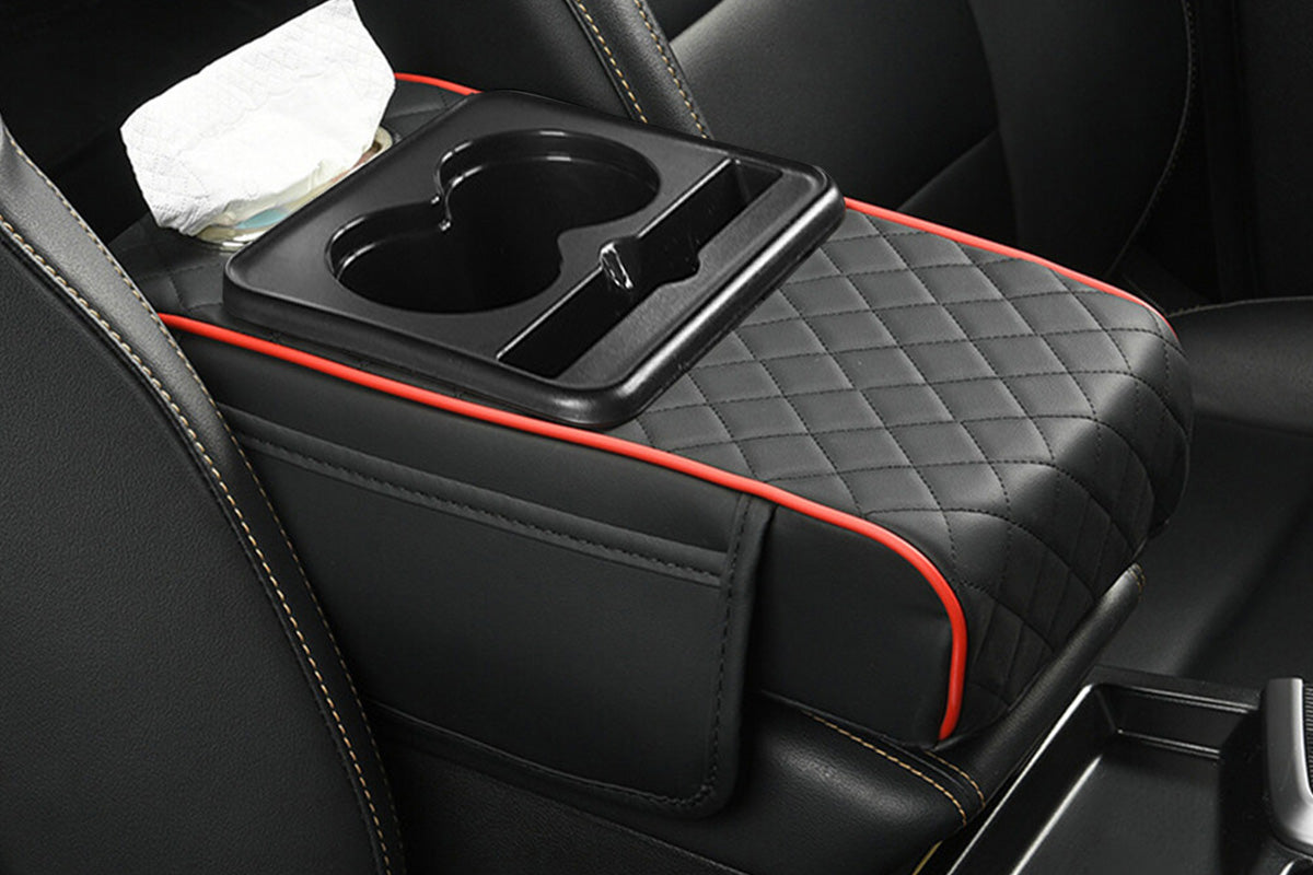 Car Armrest Cushion Organizer with Cup Holder Center Console Booster Pad-Red