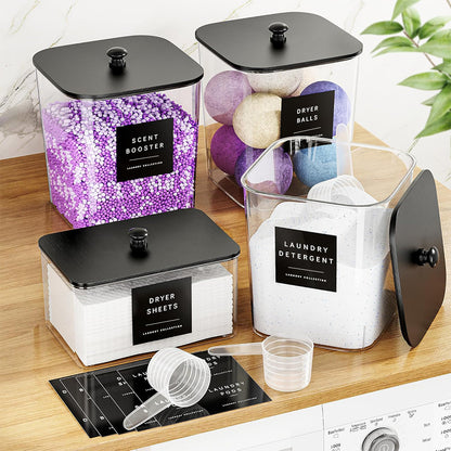 4Pcs Clear Laundry Storage Containers with Airtight Wooden Lids-Black