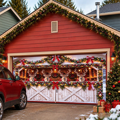 Christmas Garage Door Banner Reindeer Short Plush Garage Door Decor - 4 Reindeers