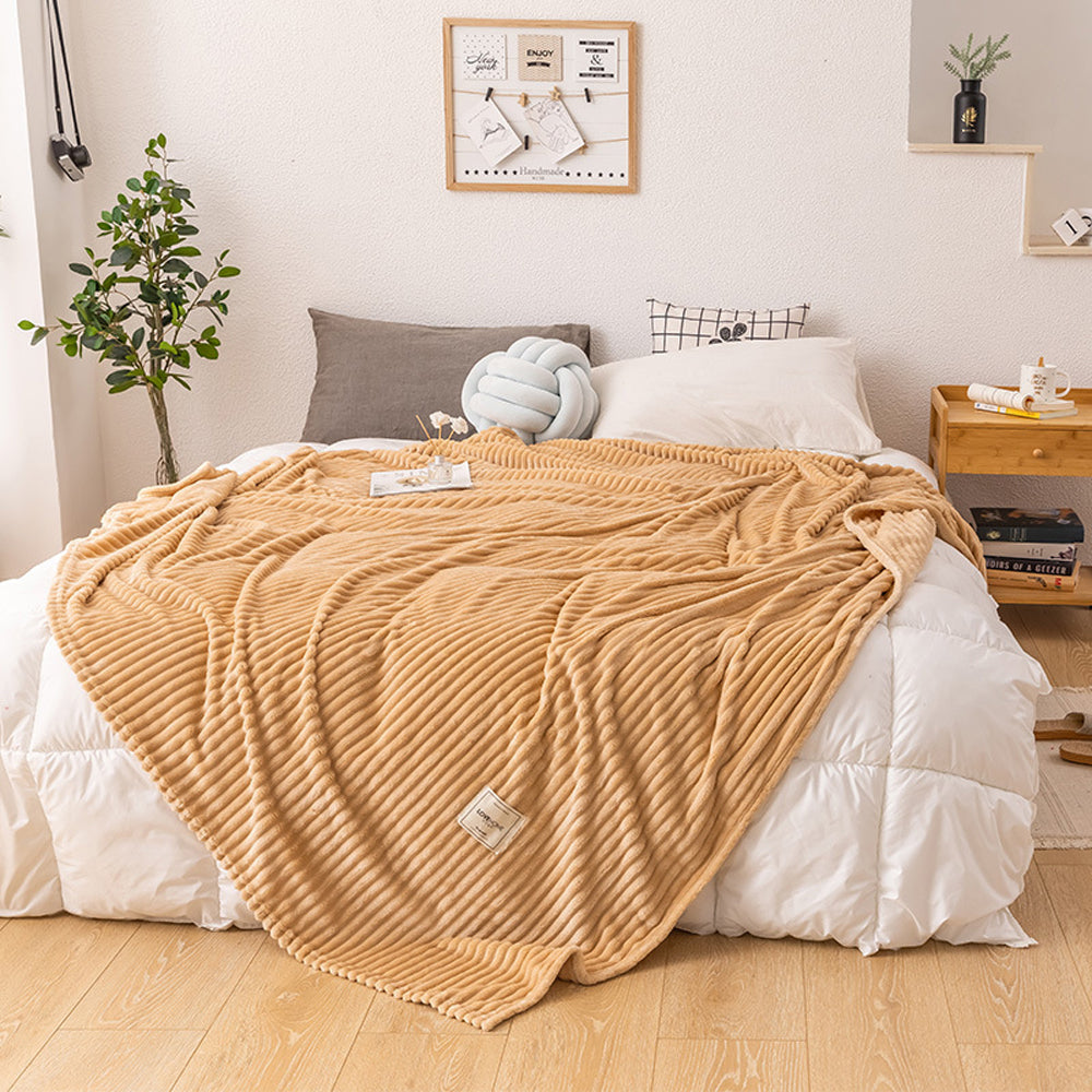 Solid Soft Stripe Pattern Throw Blanket Nap Blanket Sofa Bedding Blanket for All Season Khaki
