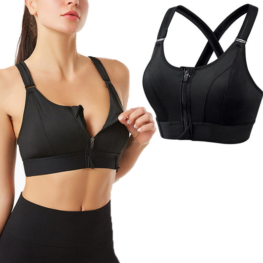 Adjustable Supportive Sports Bra with Front Zipper for Women-Black