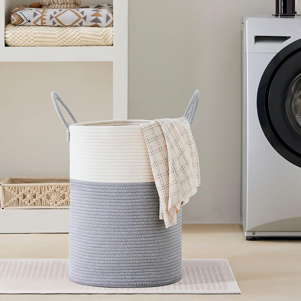 Large Woven Laundry Basket Cotton Rope Hamper for Laundry Toys & Blankets-Grey