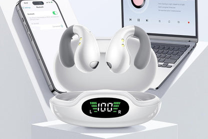 Open Ear Earbuds Ergonomic Clip-On Earbuds Bone Conduction Over-The-Ear Headphones-White