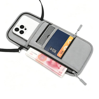 RFID Lined Travel Passport Holder Neck Wallet- Grey
