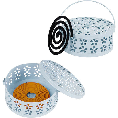 2 Pack Metal Mosquito Coil Holder with Lid Portable Hanging Incense Burner Box Blue Black