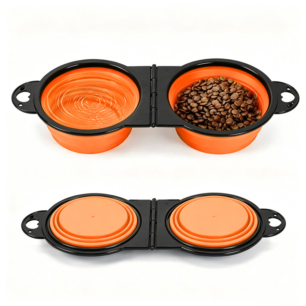 Portable Foldable Dual Pet Bowls for Cats Dogs Outdoor Home Use - Orange