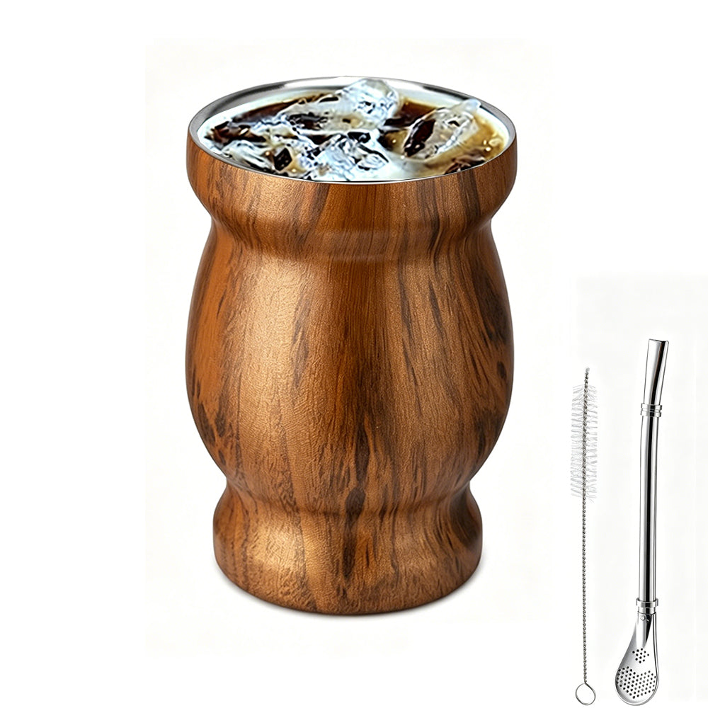 8oz 304 Stainless Steel Yerba Mate Cup Double Wall with Straw Spoon-Brown