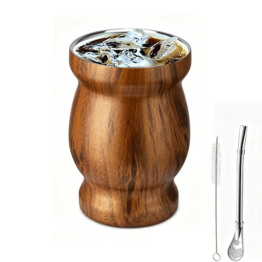 8oz 304 Stainless Steel Yerba Mate Cup Double Wall with Straw Spoon-Brown