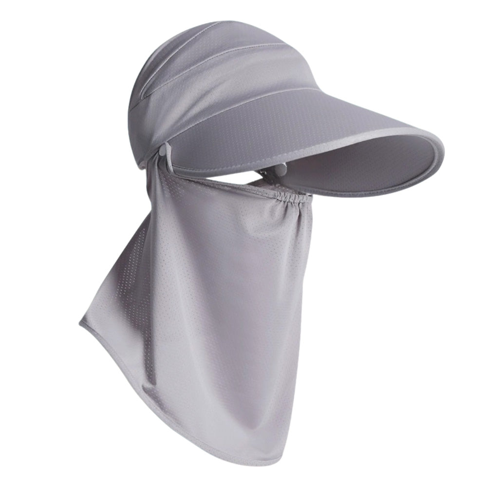 Wide Brim Sun Shade Hat with Ponytail Hole Detachable Breathable Face Cover Neck Flap Grey