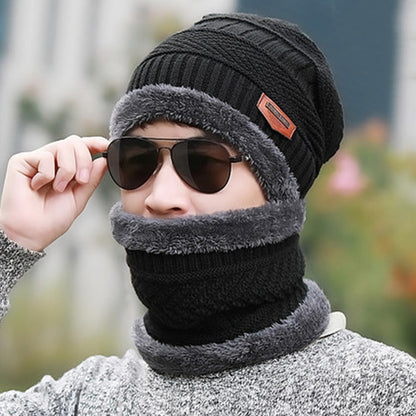 Uisex Beanie Cap Winter Knitted Hat Neck Warm Scarf Fleece Ski Accessories Black