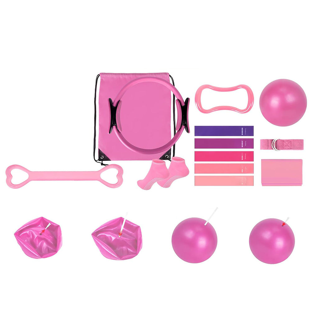 13PCS Home Pilates Essentials Kit ¨C Includes Yoga Ball Resistance Band and Pilates Ring Pink