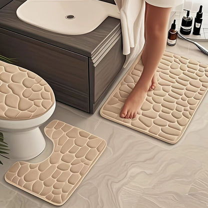3 Piece Set Bathroom Mats Pebble Pattern Floor Mat Camel