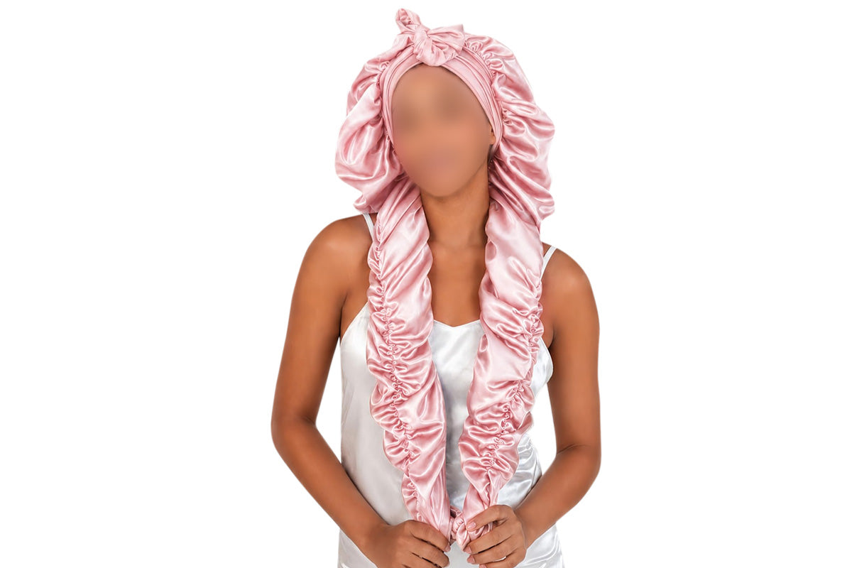 Double Layer Satin Sleep Cap for Long Hair Braids and Natural Hairstyles - Pink