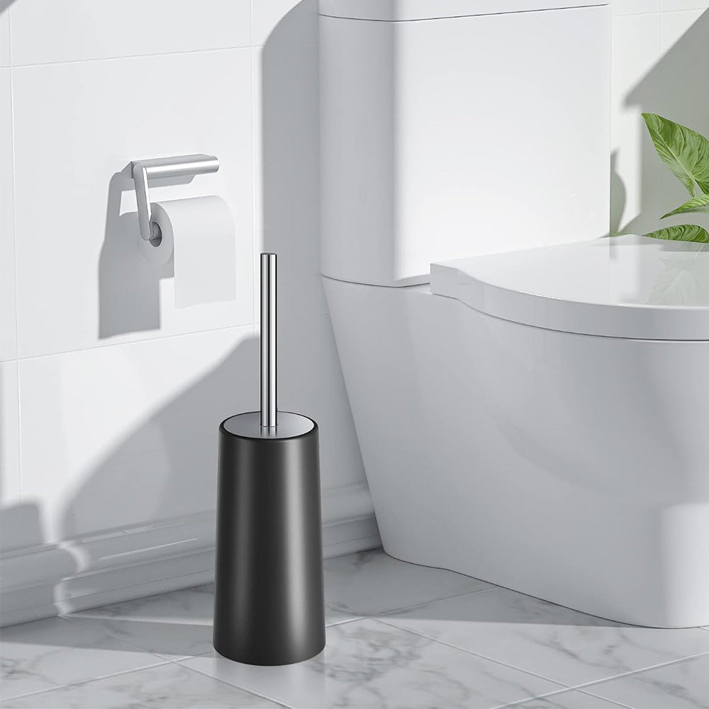 2 Pack Toilet Brush Set with Stainless Steel Handle and Holder - Black