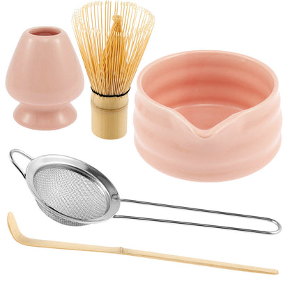 5-Piece Set Traditional Matcha Tea Tools Bamboo Whisk Ceramic Bowl Accessories for Matcha Brewing Pink