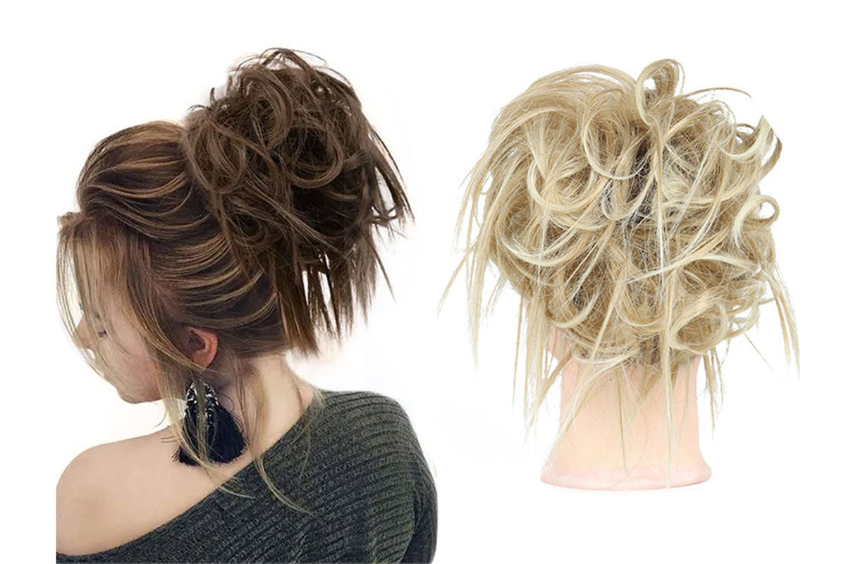 2Pcs High-Temperature Fiber Curly Wavy Scrunchy Messy Hair Bun-Ash Blonde To Bleach Blonde And Medium Brown