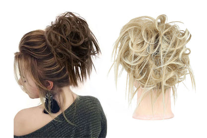 2Pcs High-Temperature Fiber Curly Wavy Scrunchy Messy Hair Bun-Ash Blonde To Bleach Blonde And Medium Brown