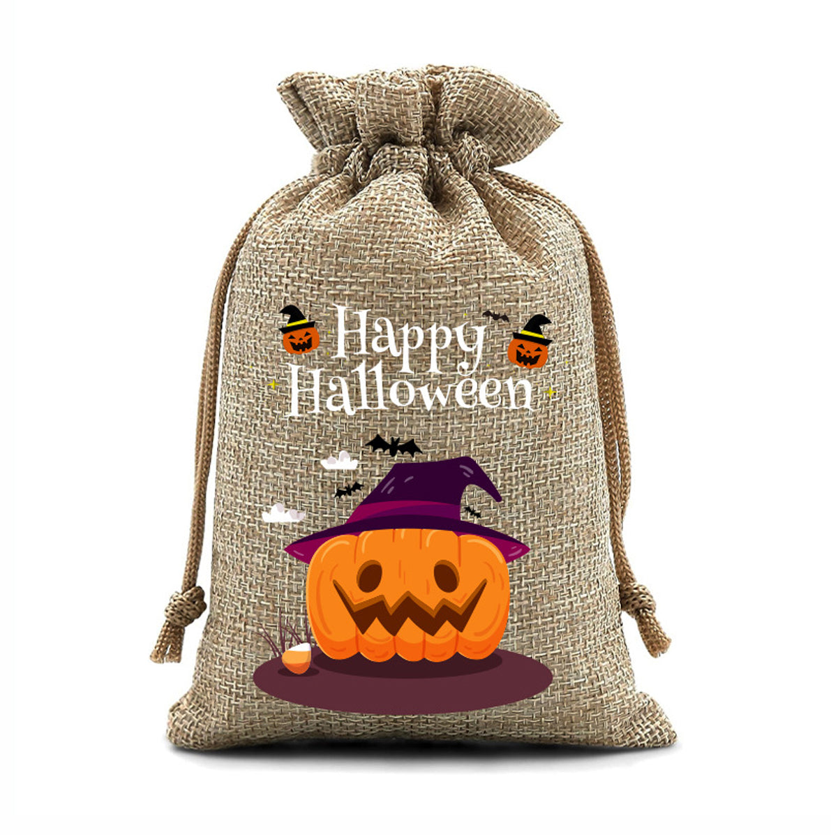 12 Pack Halloween Burlap Drawstring Gift Bags with Pumpkin Ghost Designs - Beige