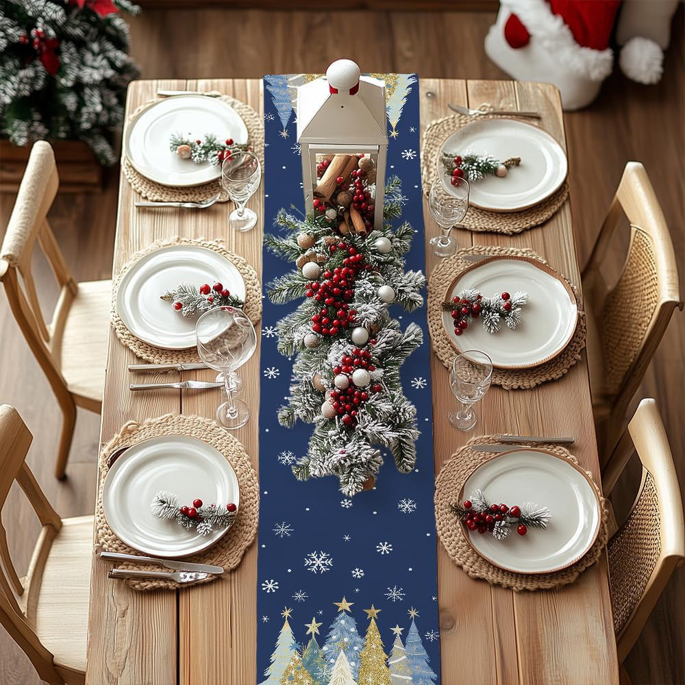 Christmas Table Runner with Xmas Trees Festive Tablecloth Cover for Kitchen Dinner Party Blue