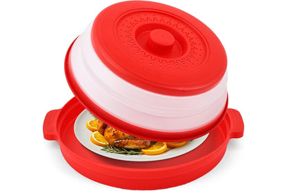 Microwave Food Splatter Cover with Drip Tray and Handles-Red