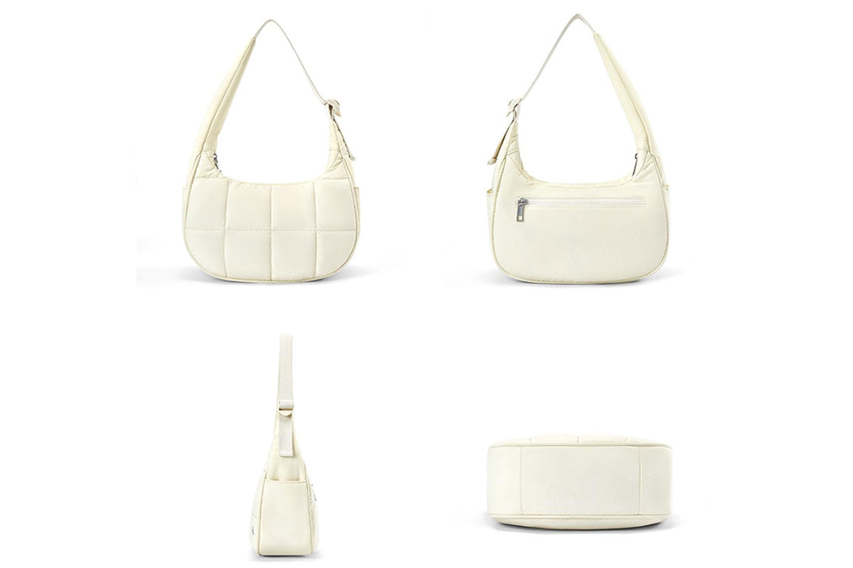 Puffer Crescent Shoulder Bag for Women Quilted Handbag with Adjustable Strap -Beige
