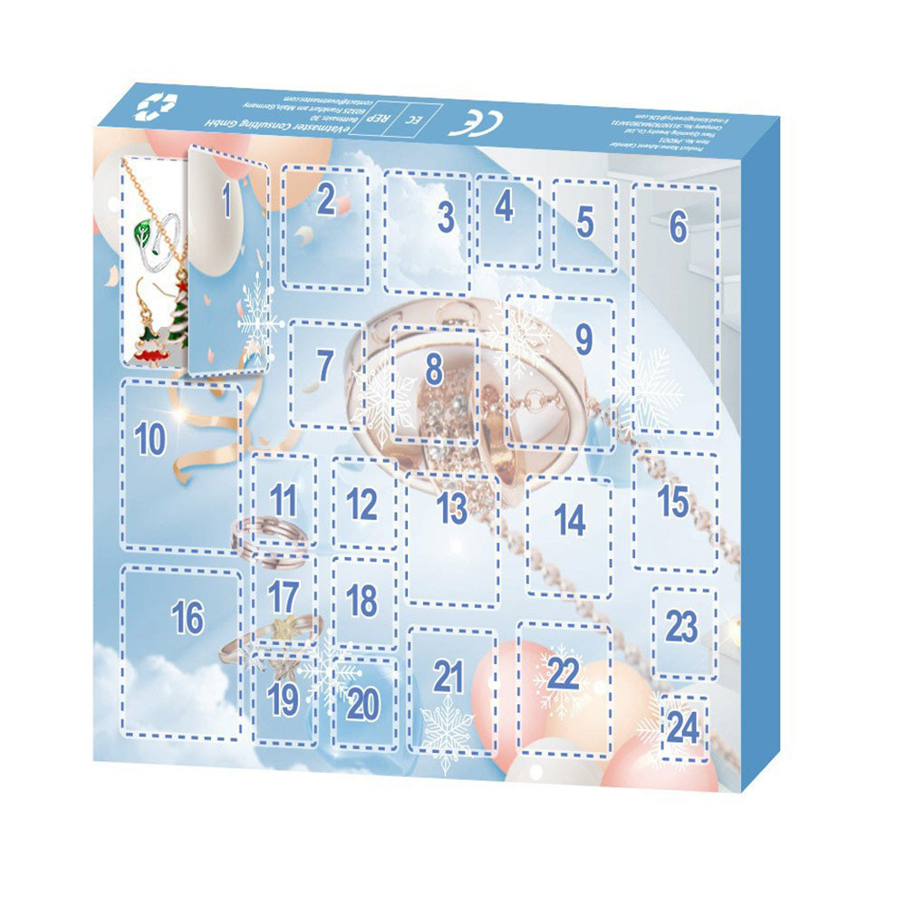 Christmas Jewelry Advent Calendar Set Earrings Rings Necklaces - Blue