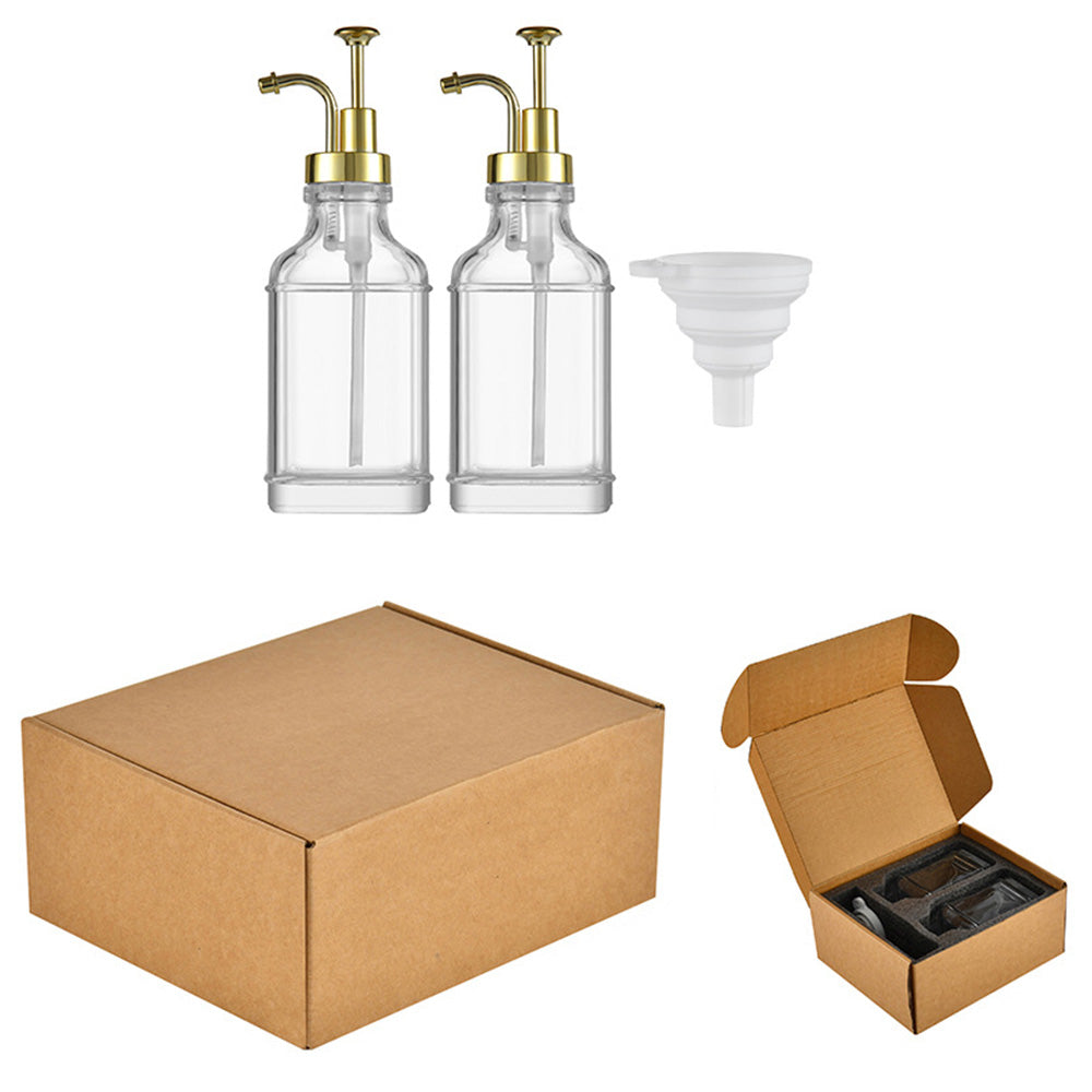 2 Pack 500ml Square Glass Syrup Soap Dispenser Bottles with Funnel - Gold