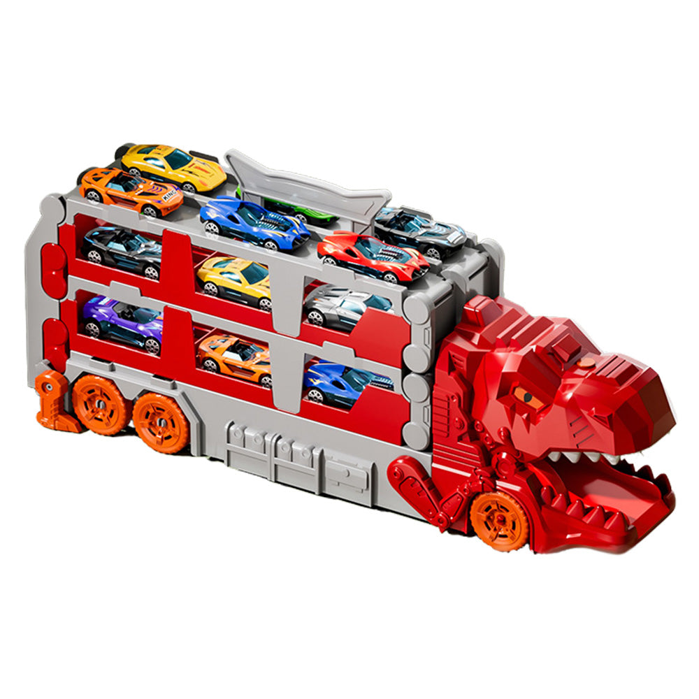 Foldable Dinosaur Truck with Dual Tracks and 6 Small Cars - Red