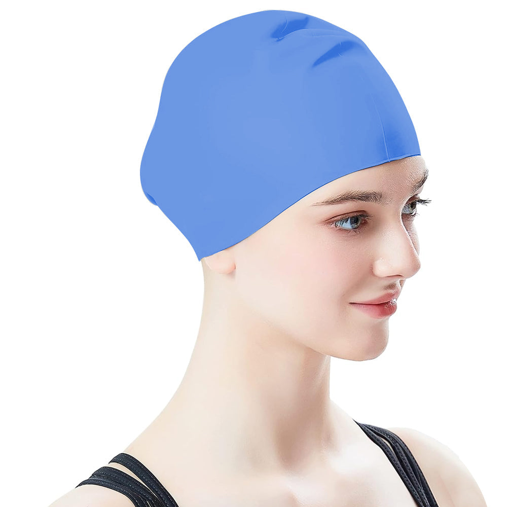 Elastic Silicone Swimming Cap Solid Color Water-resistant Ear Protection Hat Blue