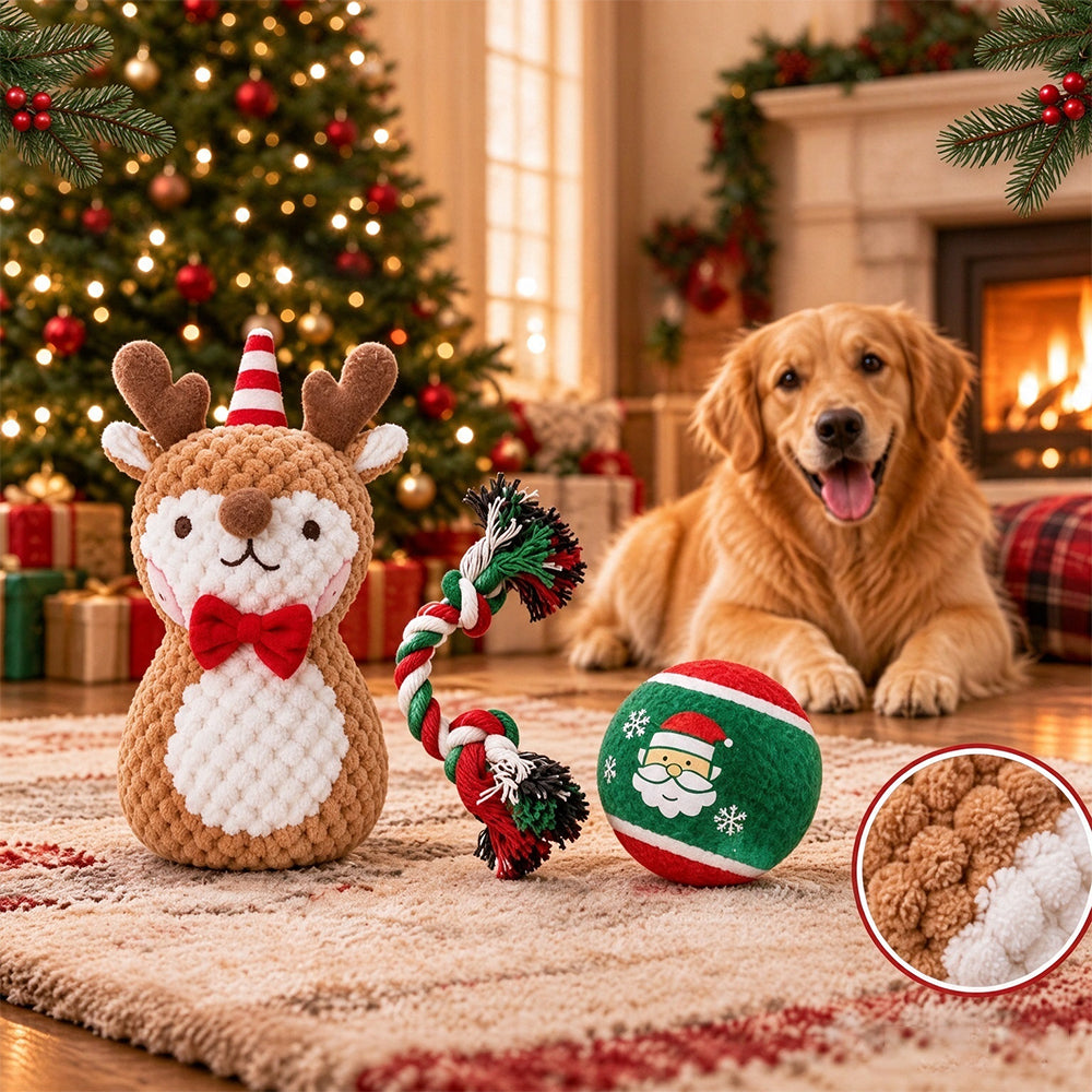 3 Pack Christmas Pet Squeaky Toy Gift with Plush Ball and Chew Rope - Deer