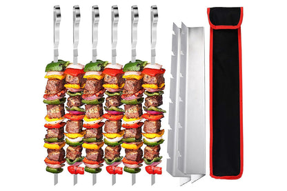 6Pcs Stainless Steel BBQ Skewer Rack Set with 2Pcs Holders for Meat and Vegetables