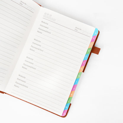 Password Book with Tabs PU Leather Internet Password Logbook with Elastic Band Brown